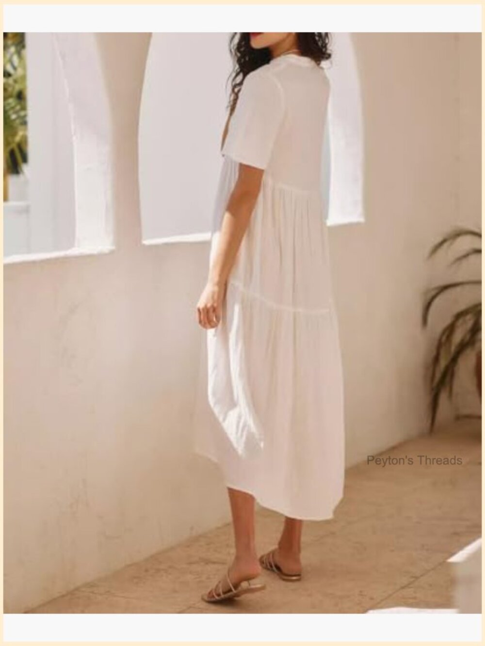 Cotton Flowy Maxi Dress Short Sleeve V Neck Empire Waist Boho Tiered Ruffle - Picture 4 of 7